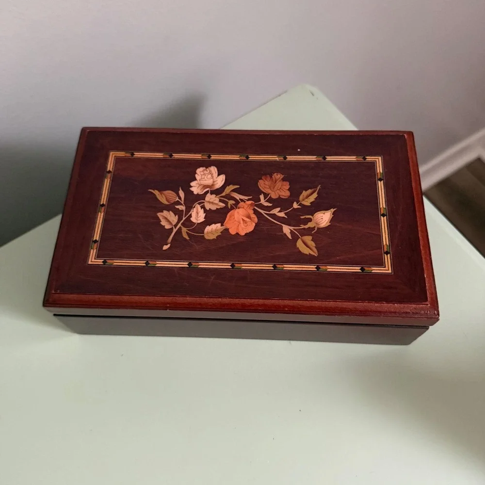 Wooden Floral Jewelry Box Mirror Ring Organizer Mahogany Finish Cottagecore